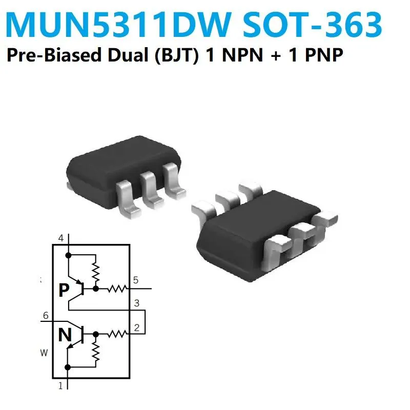 ترانزستور رقمي مزدوج MUN5311DW (NPN + PNP) مع مقاومات انحياز - SOT-363