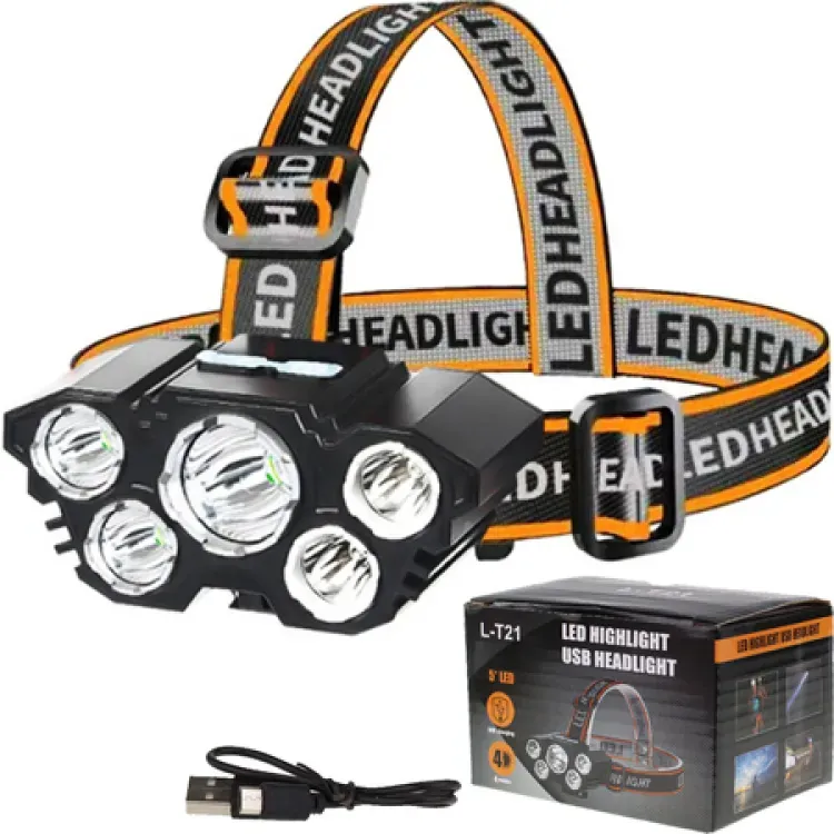 كشاف رأس LED قابل لإعادة الشحن عبر USB موديل L-T21 بخمس LEDs وأربعة أوضاع