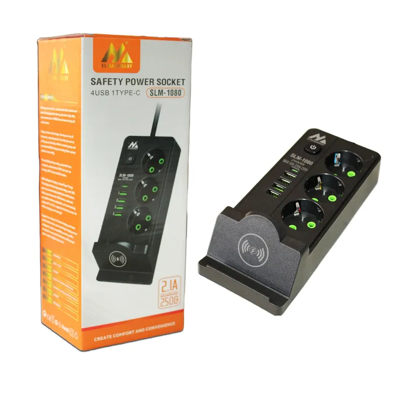 مقبس كهربائي SLM-1080 بقدرة 2500 واط مع شاحن لاسلكي ومنافذ USB