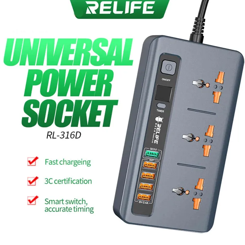 RELIFE RL-316D Smart Power Strip 3 Sockets 5 USB QC 3.0 Timer