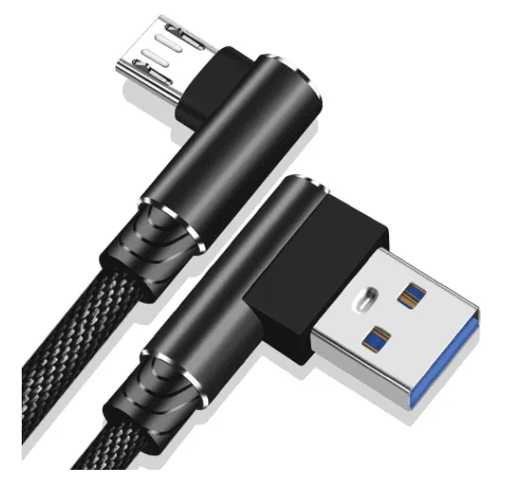 2 m Black Android USB Data Cable, 90° Double Elbow, 2.4A Fast Charging