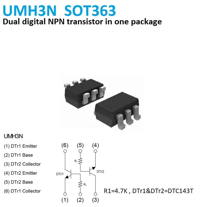 ترانزستور UMH3N رقمي NPN مزدوج بغلاف SOT-363 ومقاومة قاعدة 4.7 كيلو أوم