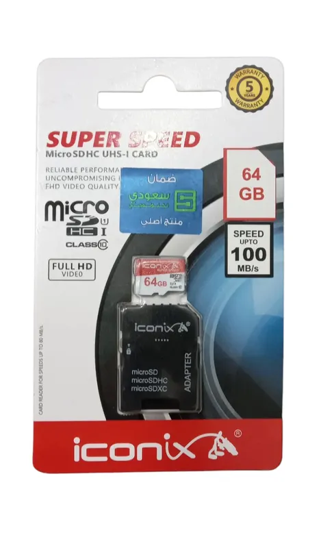 بطاقة ذاكرة microSDHC سعة 64 جيجابايت Class 10 UHS-I من Iconix