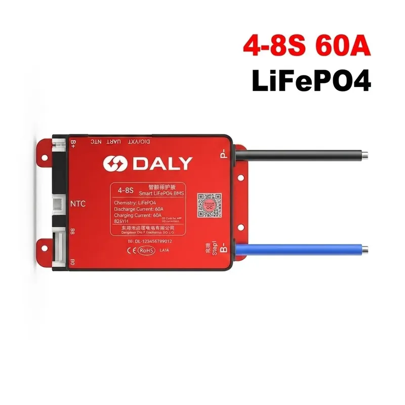 لوحة إدارة وحماية بطاريات DALY الذكية LiFePO4 من 4 إلى 8 خلايا بتيار 60 أمبير مع Bluetooth وموازنة الخلايا