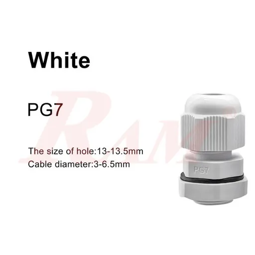 PG7 White Plastic Cable Gland, 3-6.5mm Cable Range