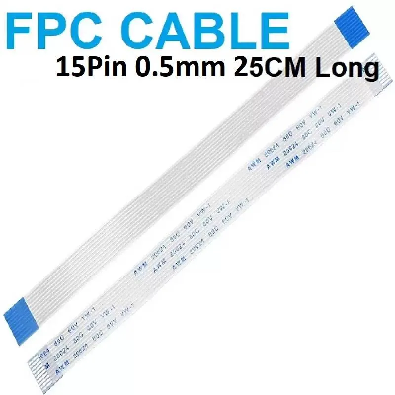 كابل FPC مسطح مرن بـ15 طرفًا، خطوة 0.5 مم، طول 250 مم، اتجاه عكسي