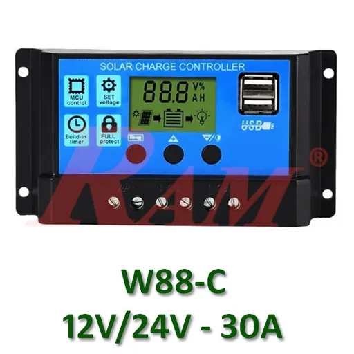 متحكم شحن شمسي PWM ‏W88-C ‏12/24 فولت 30 أمبير