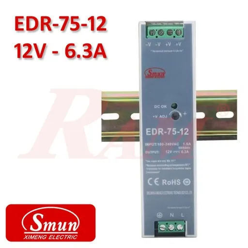 مزود طاقة SMPS صناعي لسكة DIN من Smun ‏+12 فولت / 6.3 أمبير ‏EDR-75-12