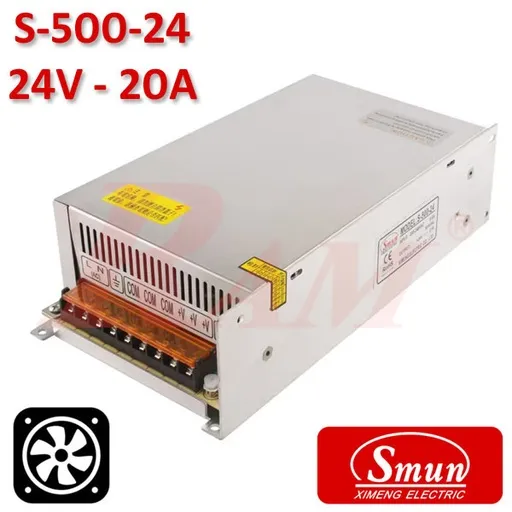 مزود طاقة SMPS صناعي Smun S-500-24 بخرج 24 فولت تيار مستمر و20 أمبير مع مروحة تبريد