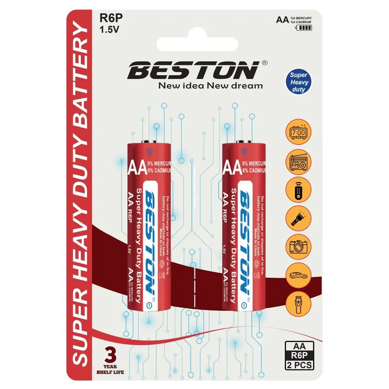 بطارية BESTON AA R6S بجهد 1.5 فولت زنك-كربون سوبر هيفي ديوتي (عبوة 2)