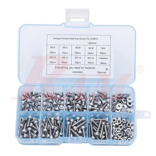 M3 304 Stainless Steel Hex Socket Screws & Nuts Box, 320 pcs