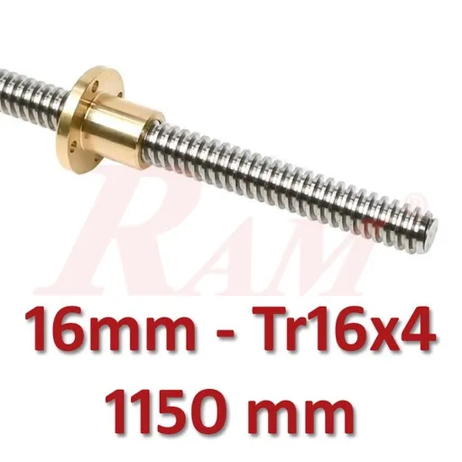 Trapezoidal Lead Screw Tr16x4, 4 mm Pitch, 1150 mm with Brass Nut