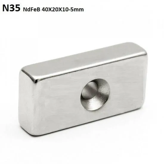 NdFeB Neodymium Block Magnet N35 40x20x10 mm, Single Hole