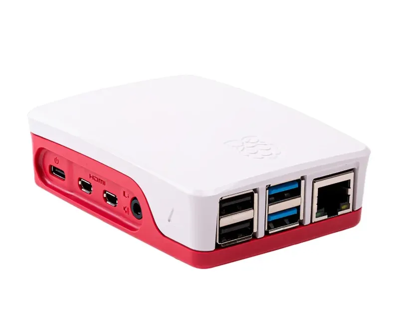 علبة Raspberry Pi 4 الرسمية باللونين الأحمر والأبيض